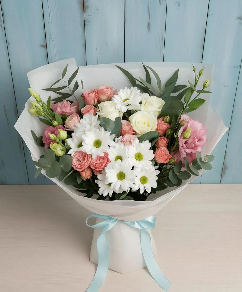 Букет цветов из: Розы, Лизиантусы и Хризантемы в Бабяково