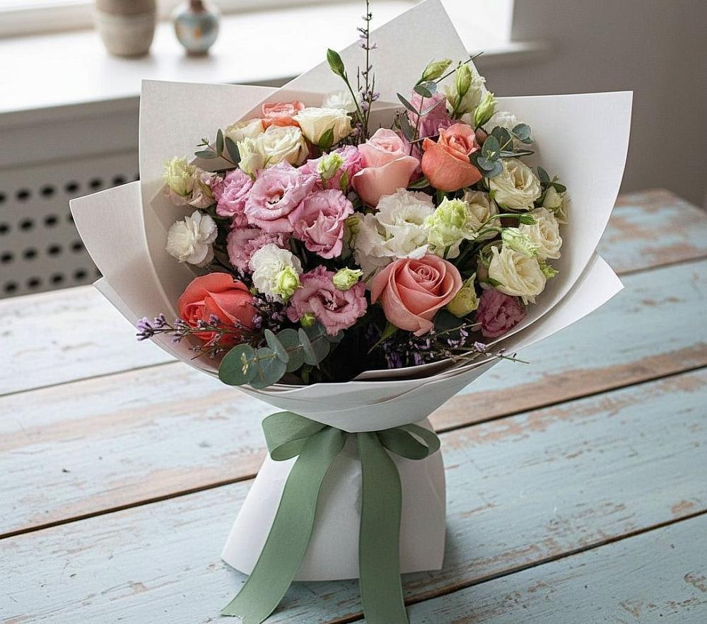 Букет цветов из: Розы, Лизиантусы и Гвоздики в Бабяково