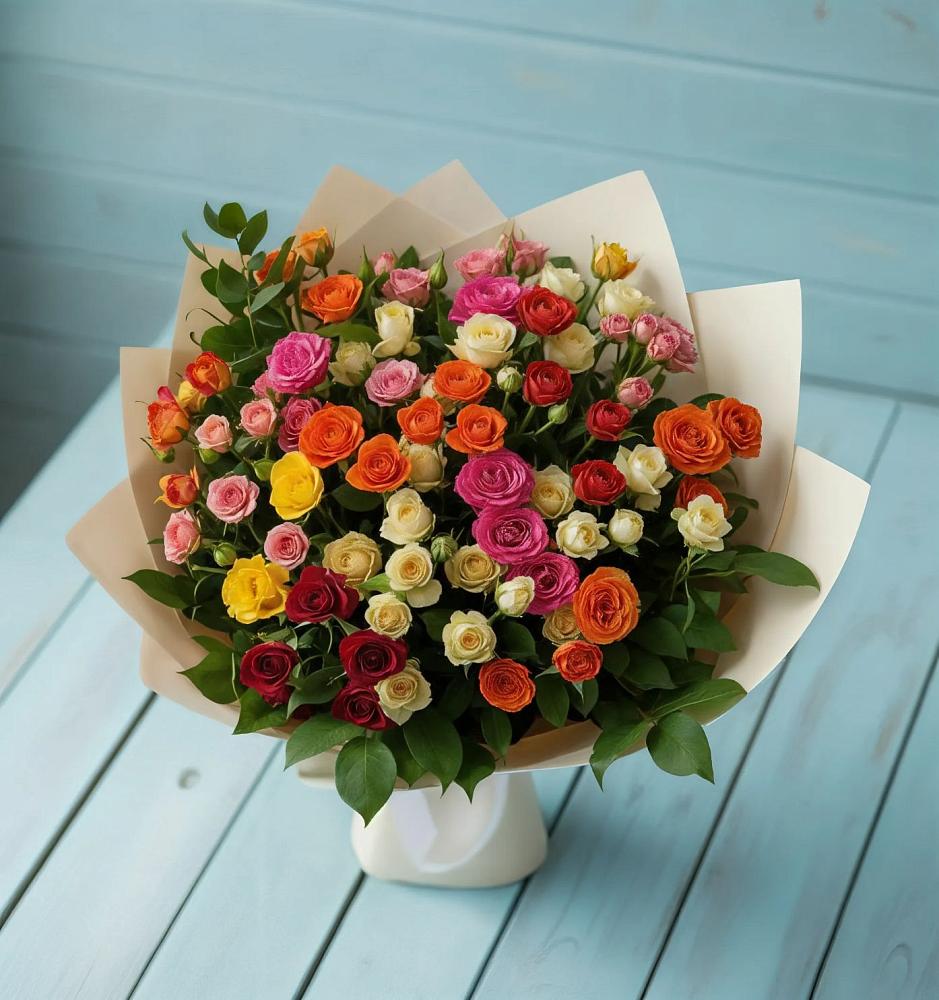 Букет Микс из разноцветных кустовых роз в Бабяково