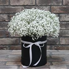 Цветочная композиция из Гипсофила в шляпной коробке в Бабяково