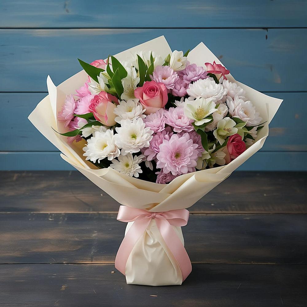 Букет цветов из: Хризантемы, Альстромерии и Розы в Бабяково